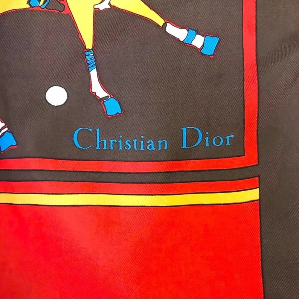 AUTH VINTAGE CHRISTIAN DIOR 78cm x 78cm LARGE MULTICOLOR JOCKEY RED SCARF SILK